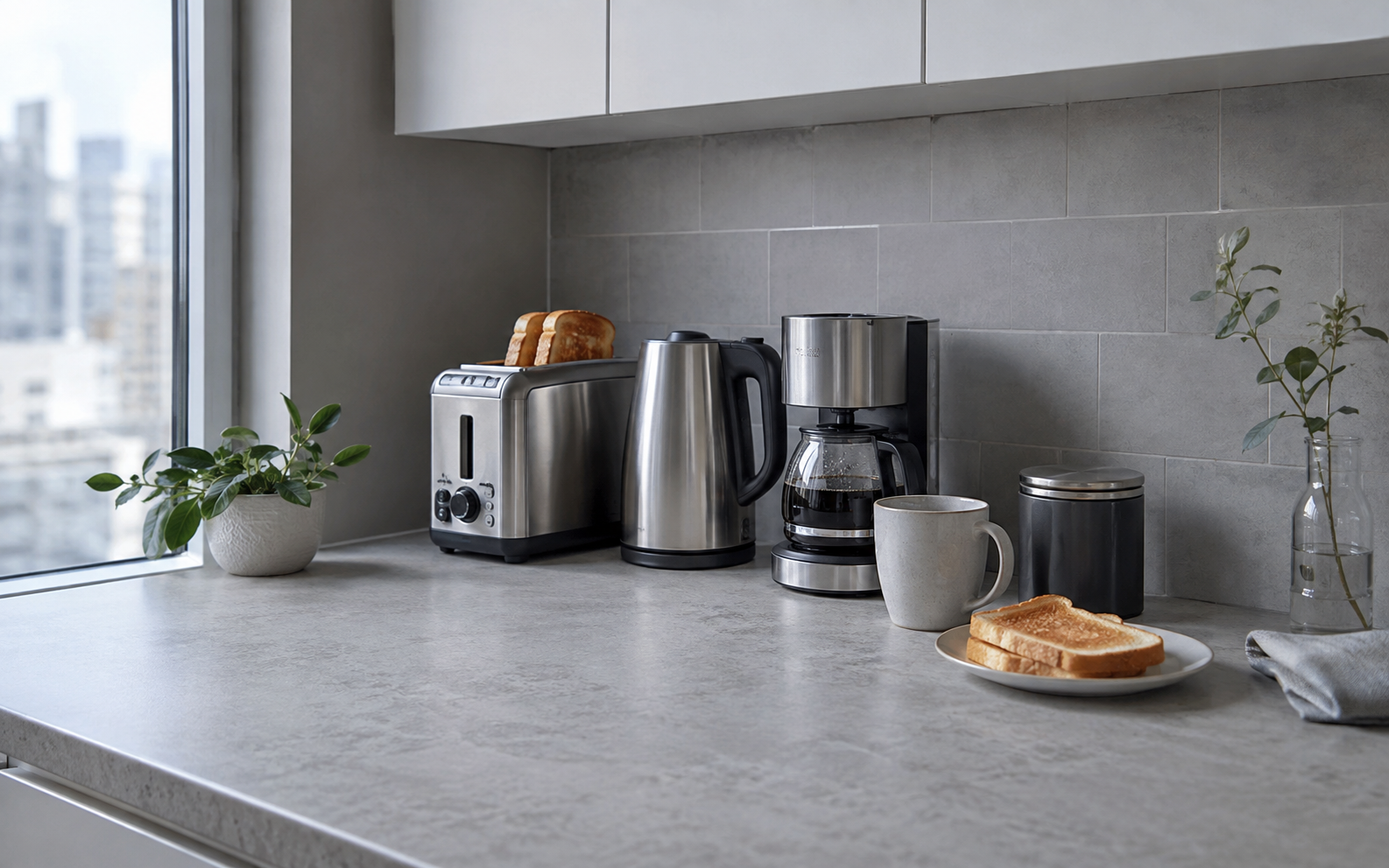 Compact morning appliance zone with toaster, kettle and small coffee maker while preserving open counter space.