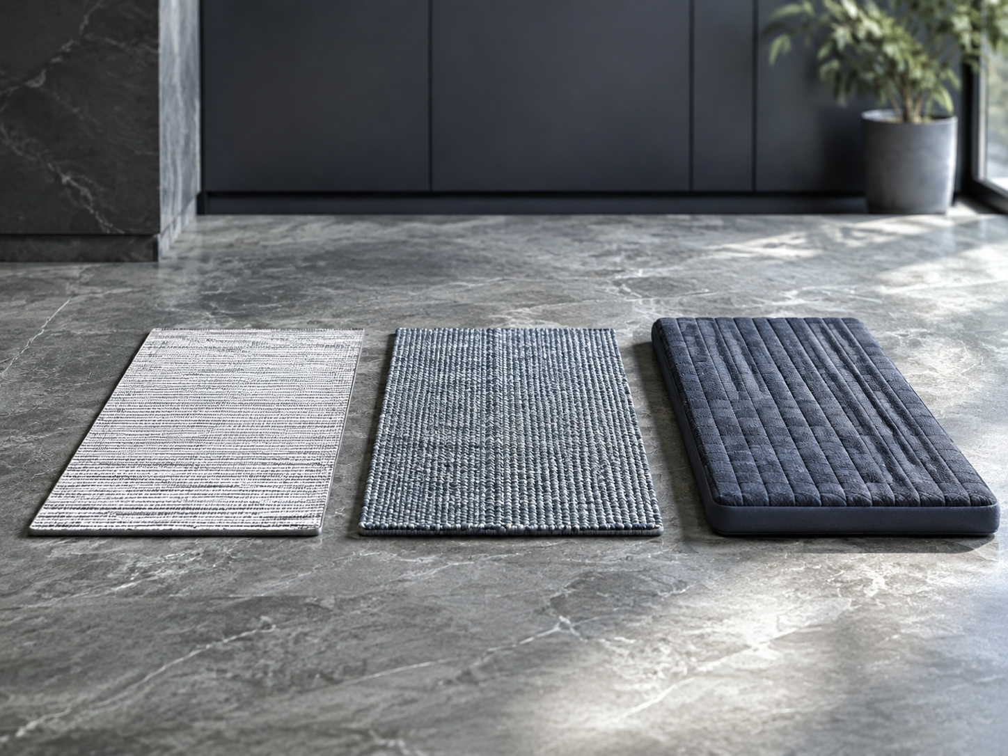 Three kitchen floor-layer samples showing low-profile textile, woven runner and thicker cushioned standing-mat profiles.