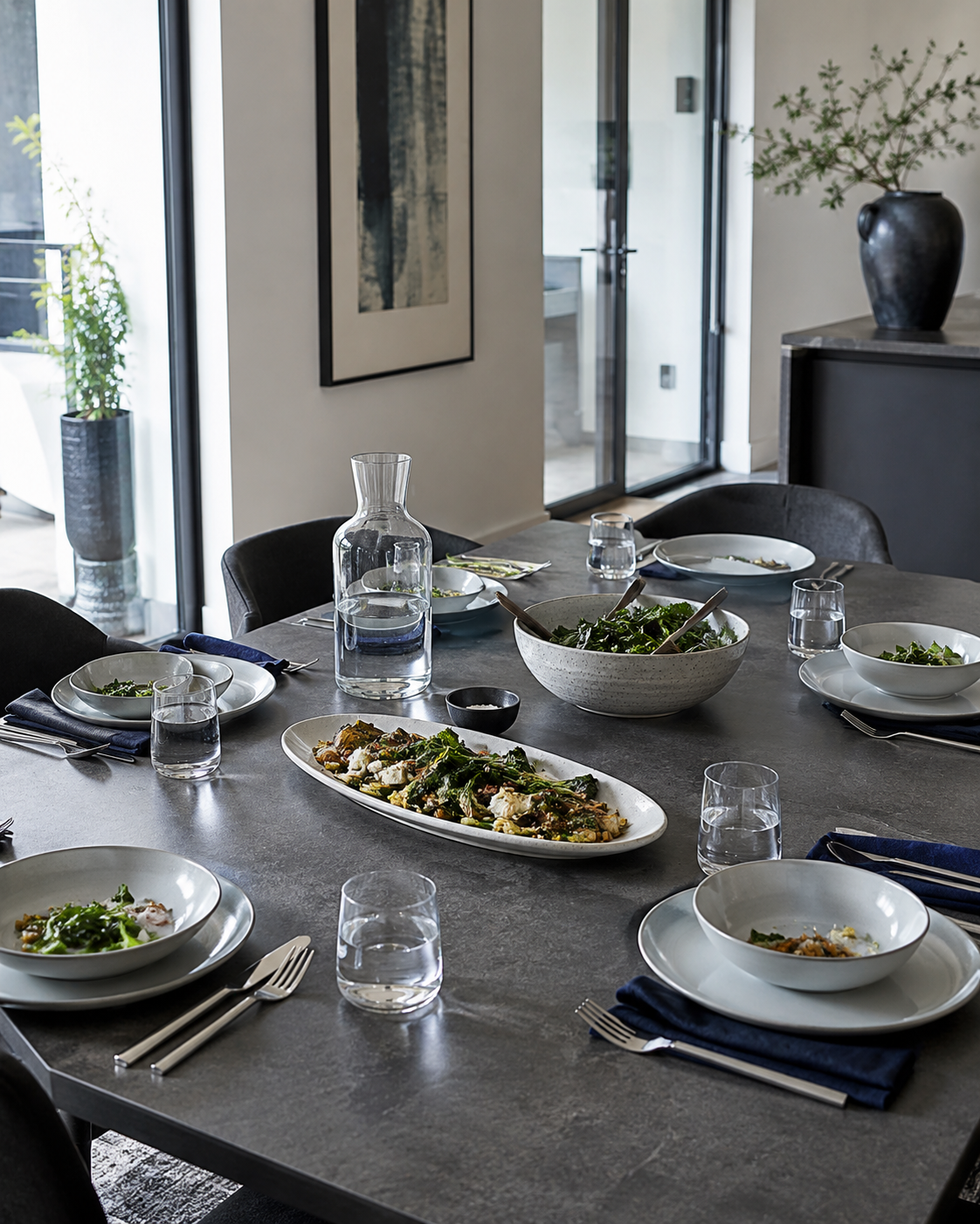 Kitchen Dinnerware & Serveware - Ravnora Decor Guest-ready contemporary dining table with six place settings, one platter, one serving bowl and a clear pitcher without an overcrowded center.