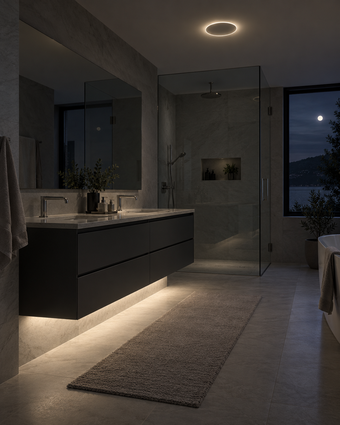 Bathroom using low-level lighting at night