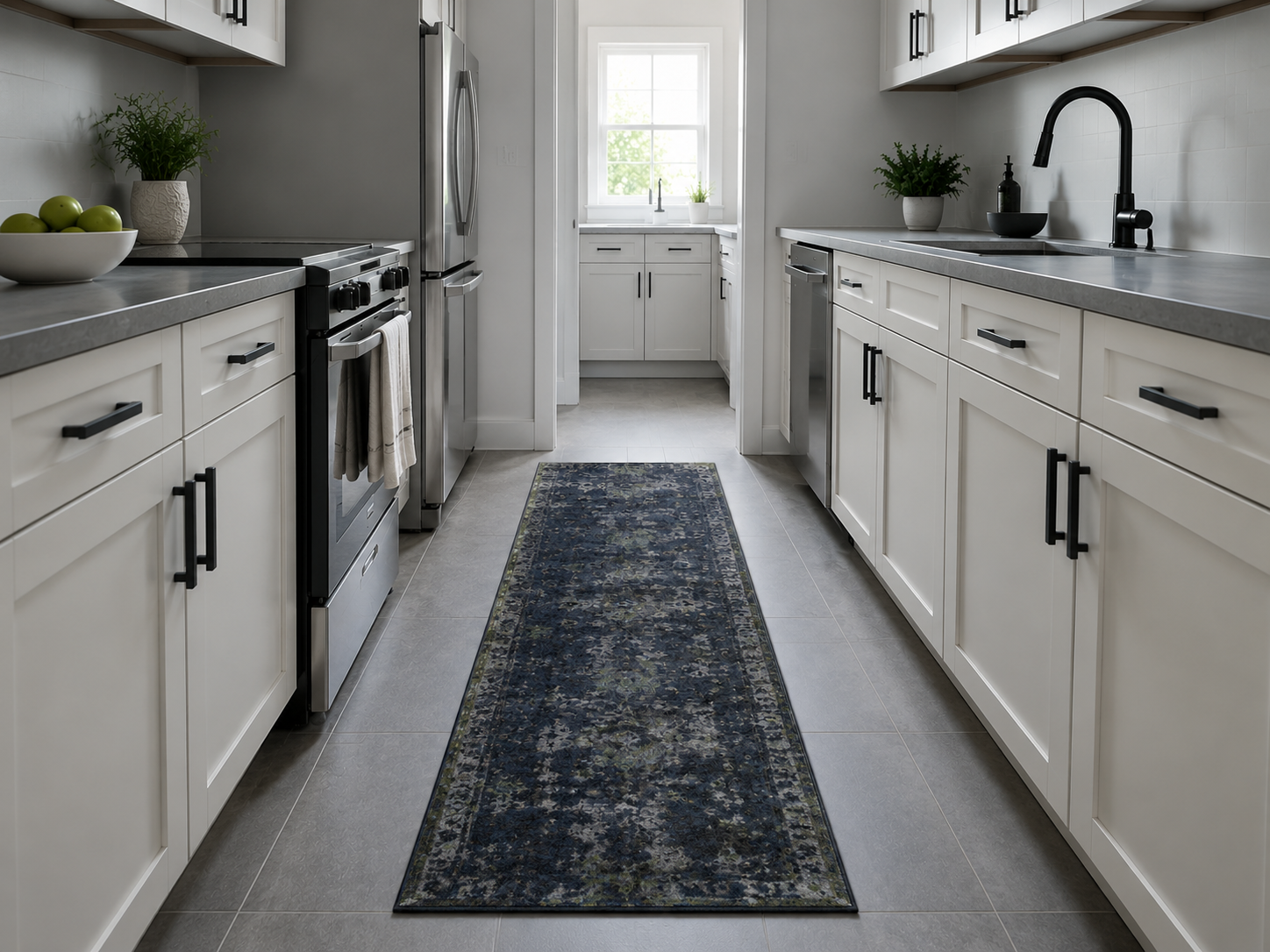 Long low-profile runner creating one continuous walking path through a narrow contemporary galley kitchen.