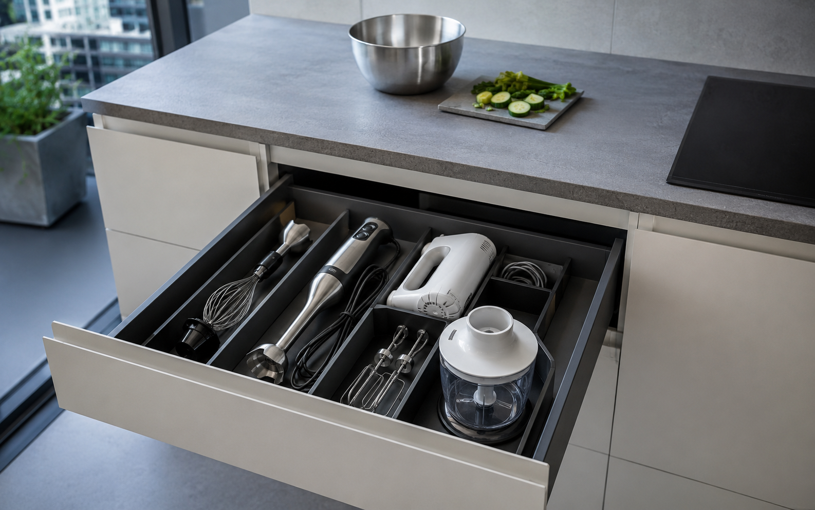 Drawer storing immersion blender, hand mixer and compact chopper beneath a clear kitchen prep surface.