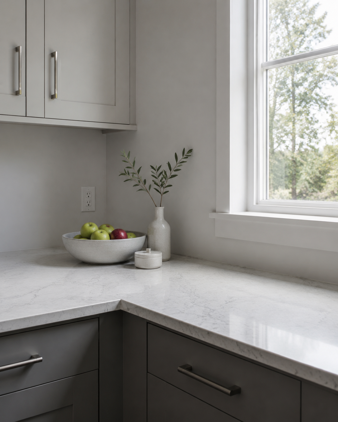 Kitchen Counter Decor - Ravnora Decor Quiet kitchen counter corner with a low fruit bowl, small vase with green branches and a tiny practical finishing piece.