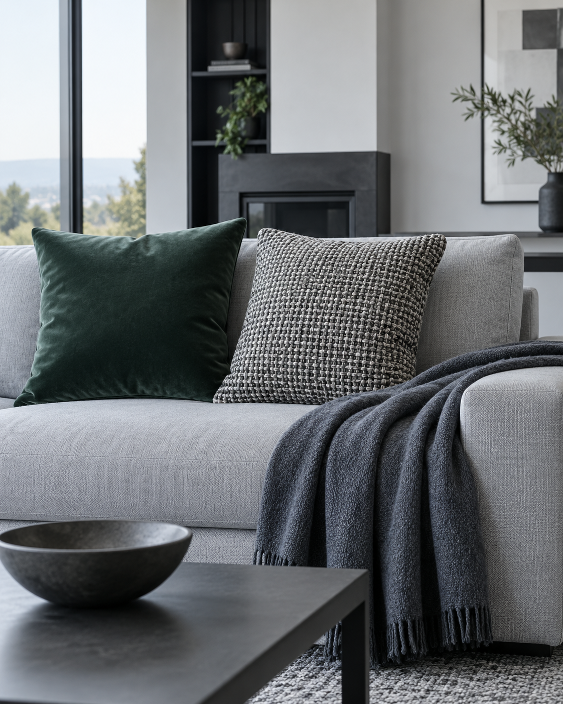 Living Room Decorative Accessories - Ravnora Decor Contemporary sofa using velvet, woven texture and a restrained throw to create contrast.