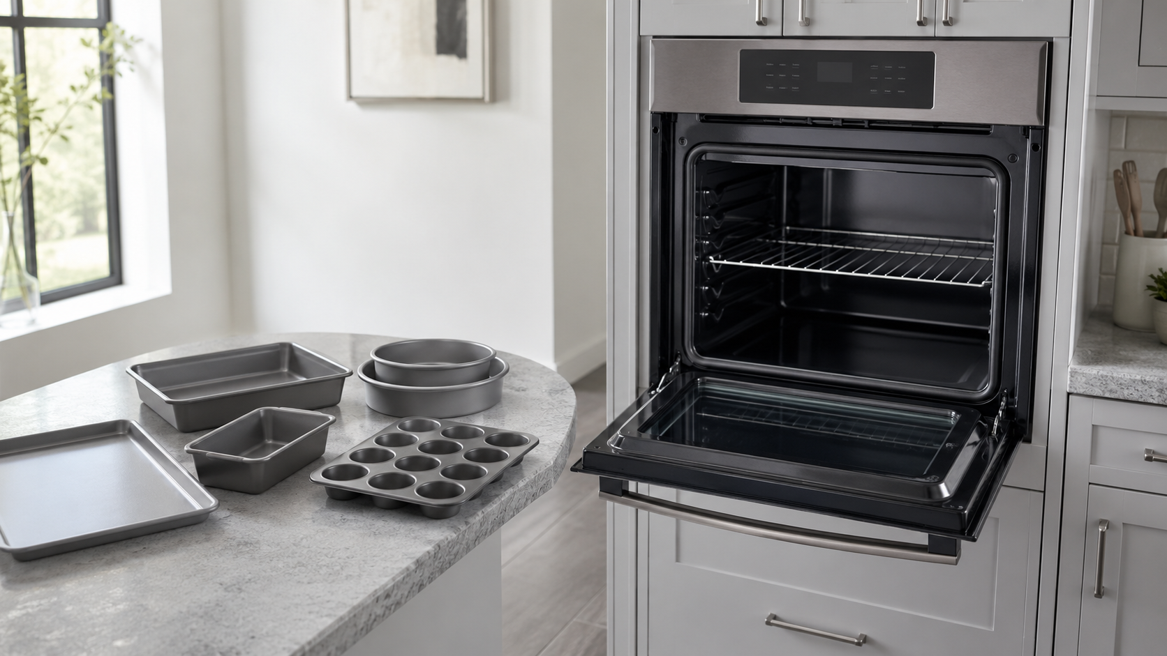 Kitchen Cookware & Bakeware Essentials - Ravnora Decor Open domestic oven beside several common bakeware shapes illustrating the need to check pan and oven footprint.