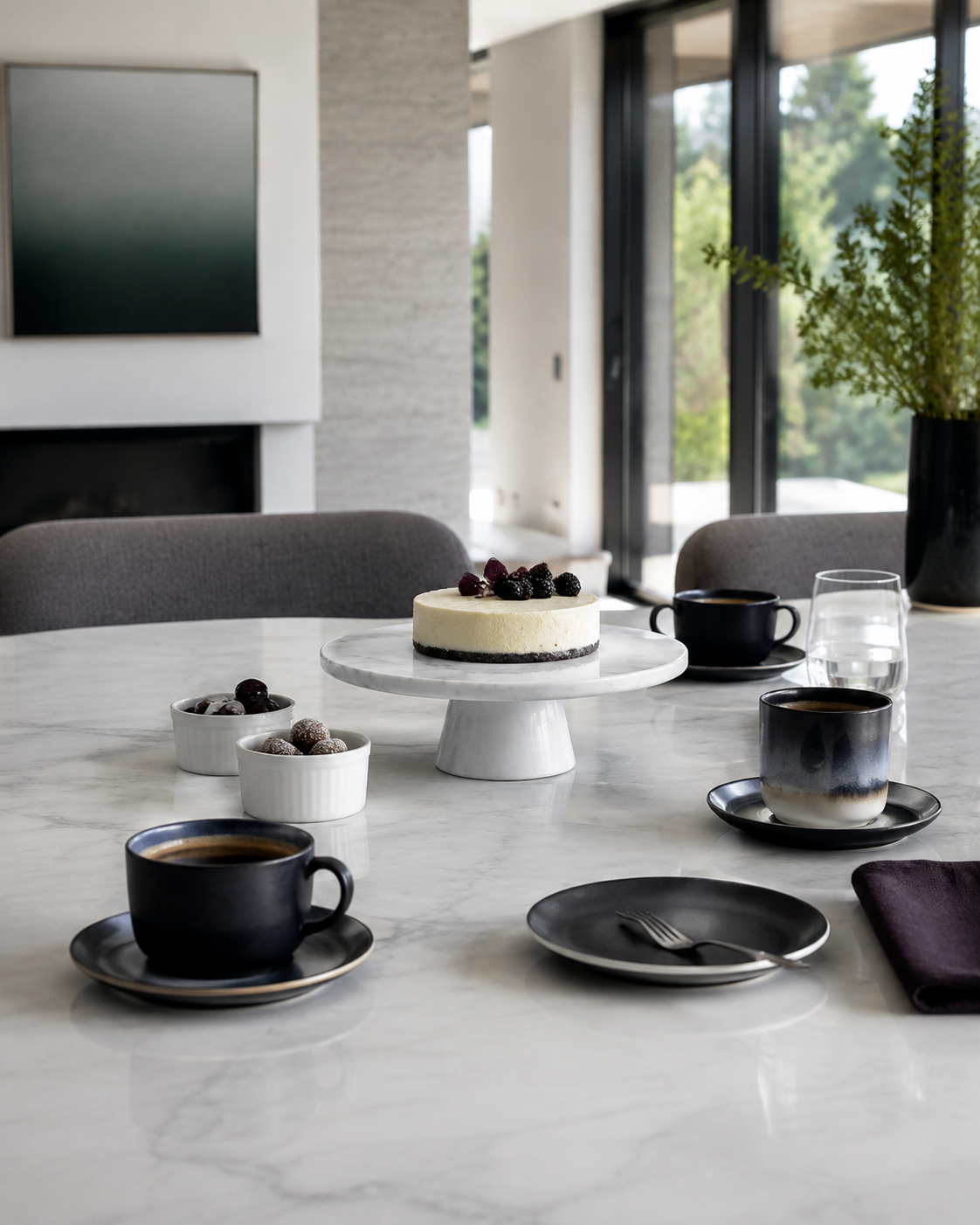 Kitchen Dinnerware & Serveware - Ravnora Decor Cleared dining table reset for dessert and coffee with a modern cake stand, small serving bowls and simple cups.