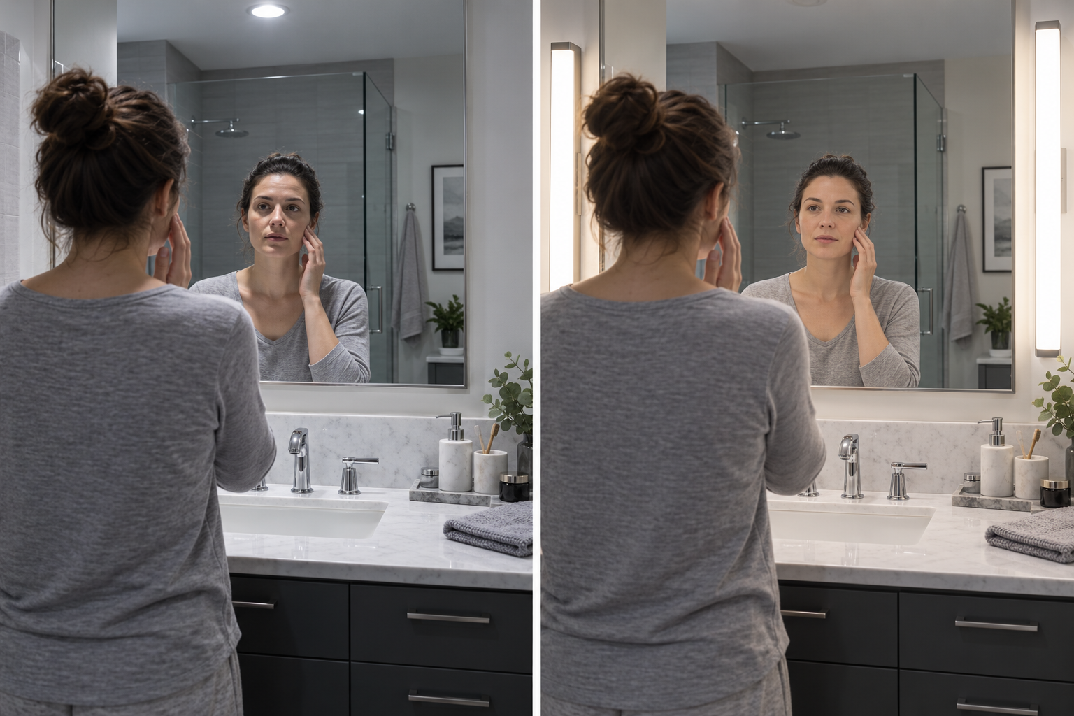Bathroom vanity comparison showing two different lighting conditions
