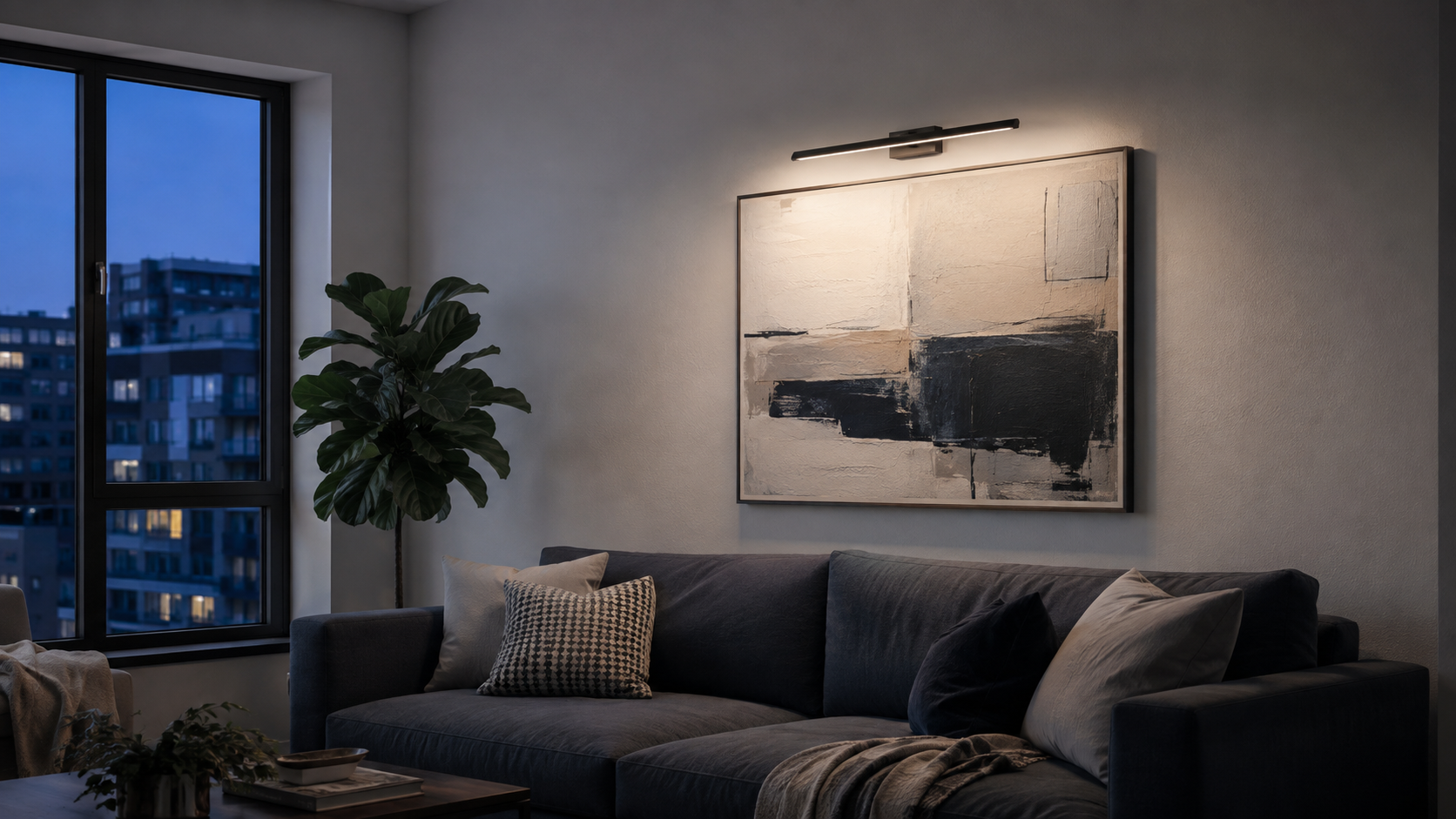 Living Room Wall Decor - Ravnora Decor Living room artwork illuminated by a picture light in the evening