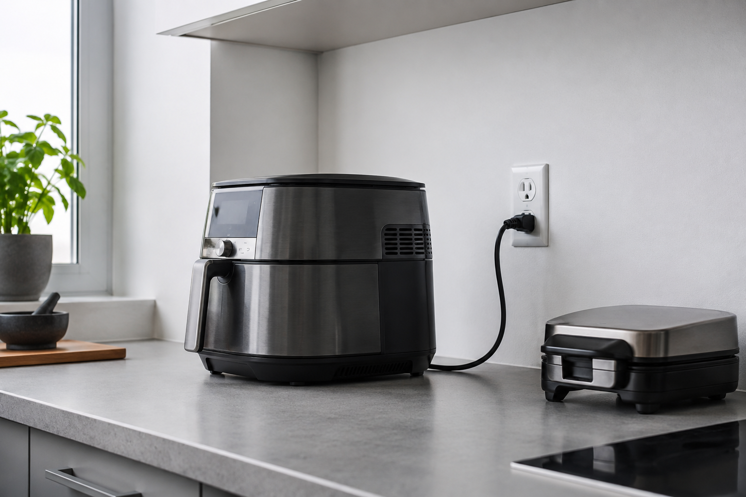 Compact appliance positioned near a wall outlet with clear cord routing and working clearance.