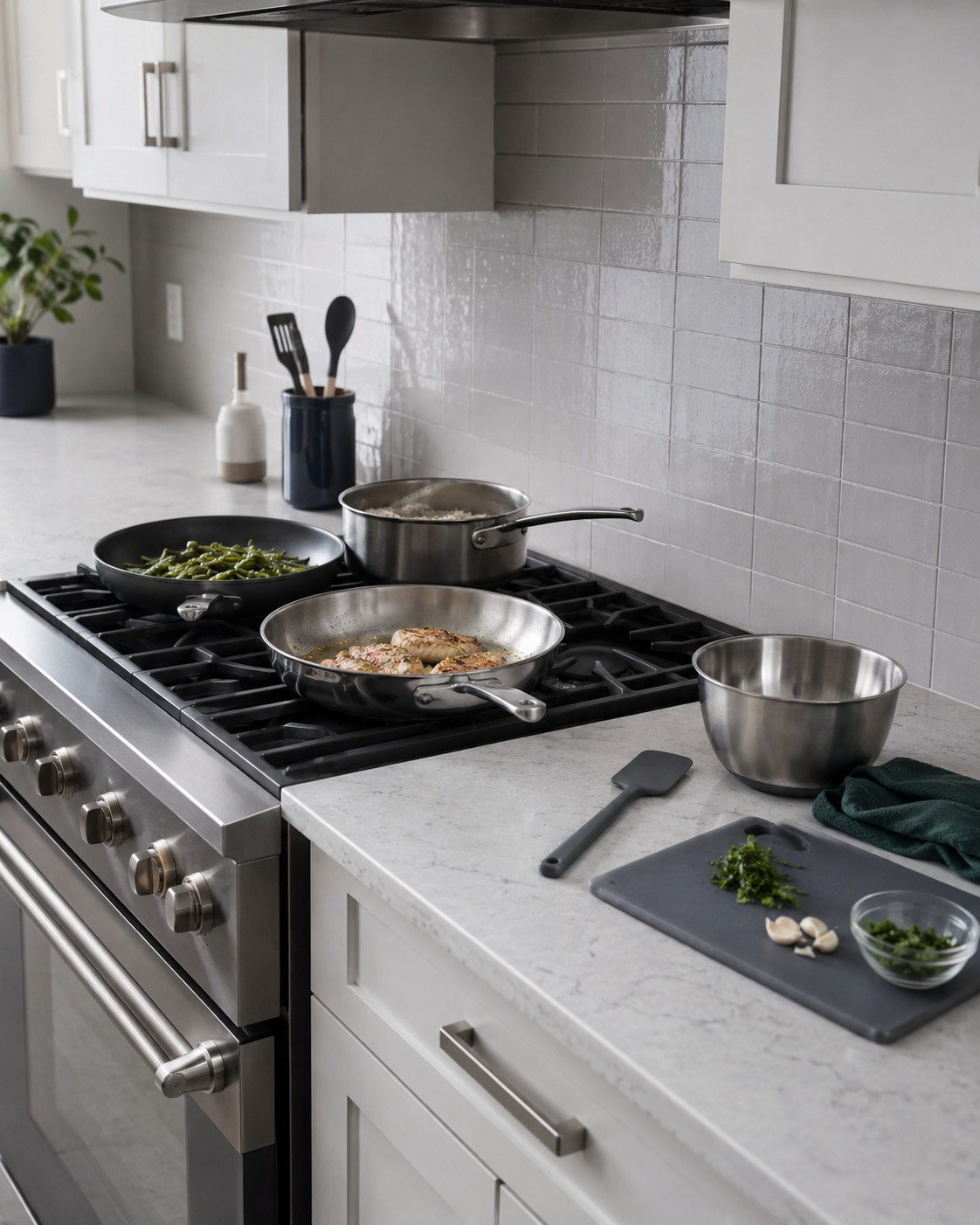 Kitchen Cookware & Bakeware Essentials - Ravnora Decor Contemporary kitchen showing a practical weeknight setup with skillets, saucepan, mixing bowl and cooking utensil.