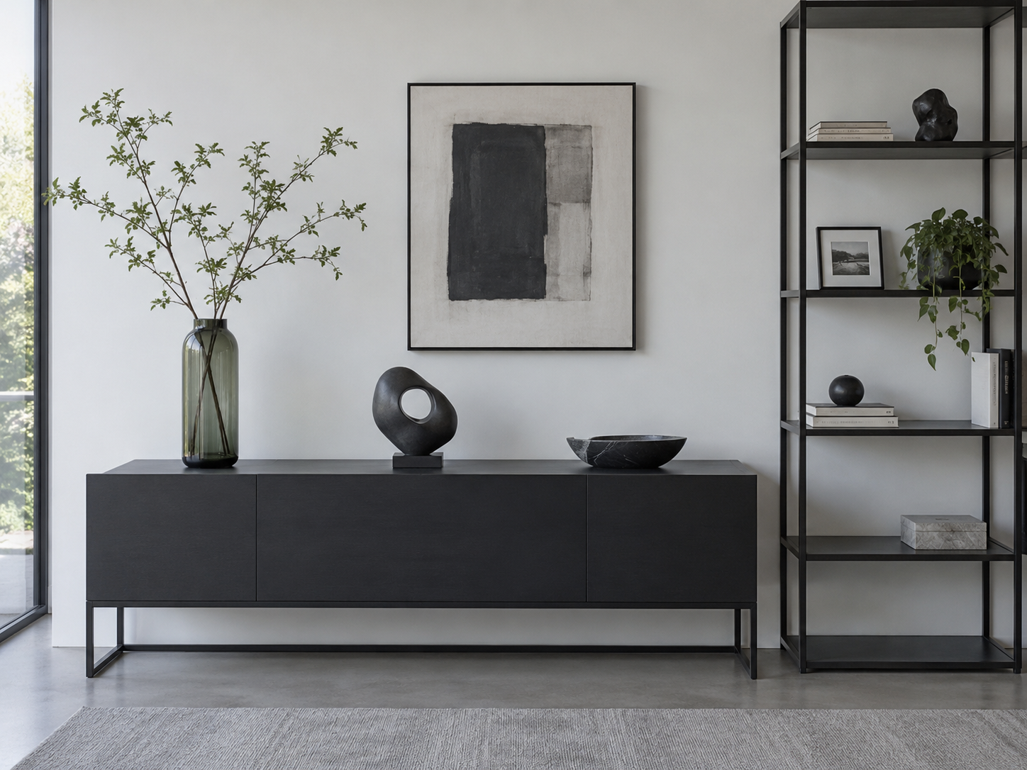 Living Room Decorative Accessories - Ravnora Decor Console styled using tall, medium and low accessories separated by visible negative space.