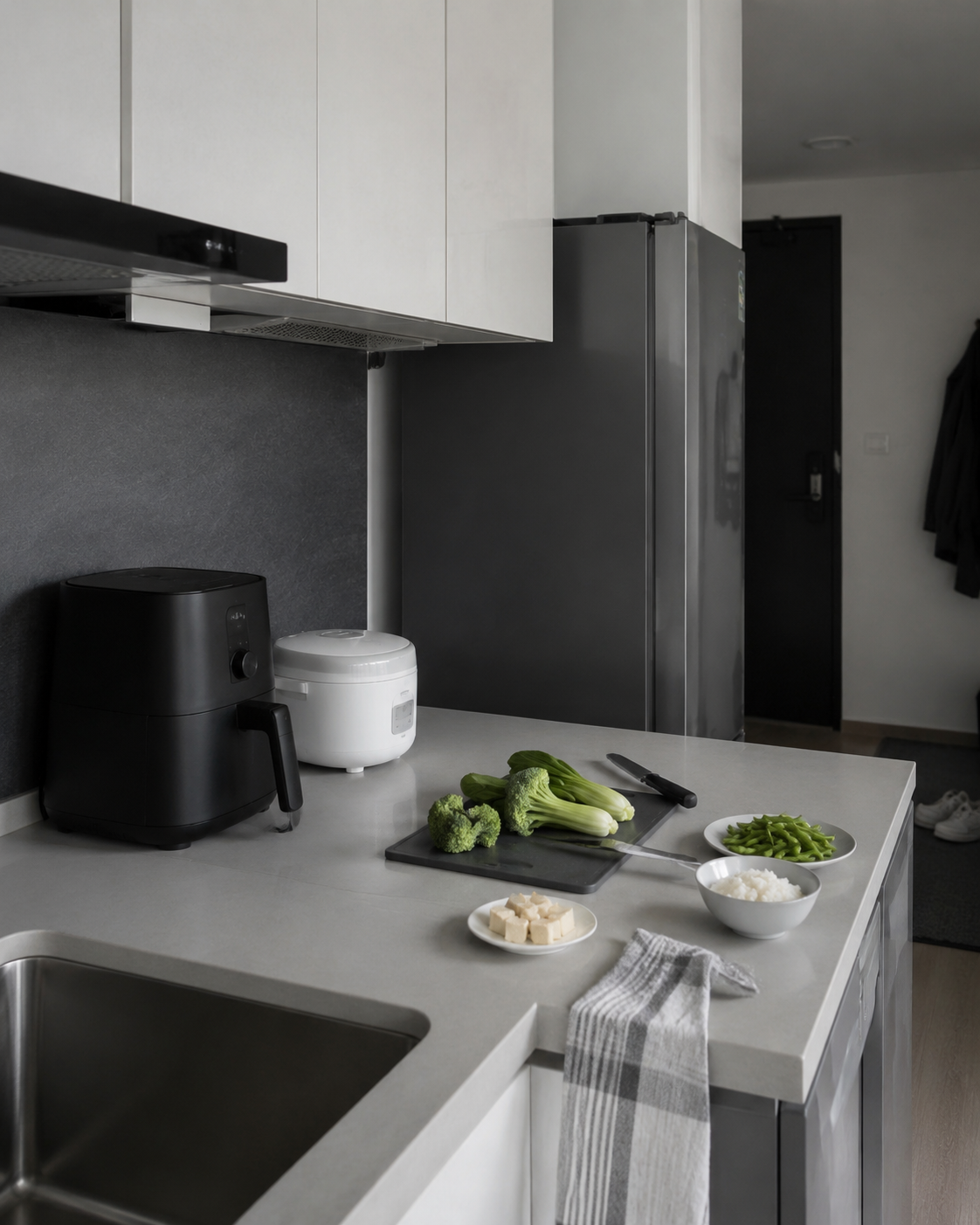 Compact air fryer and mini rice cooker forming a controlled fast-dinner appliance zone.