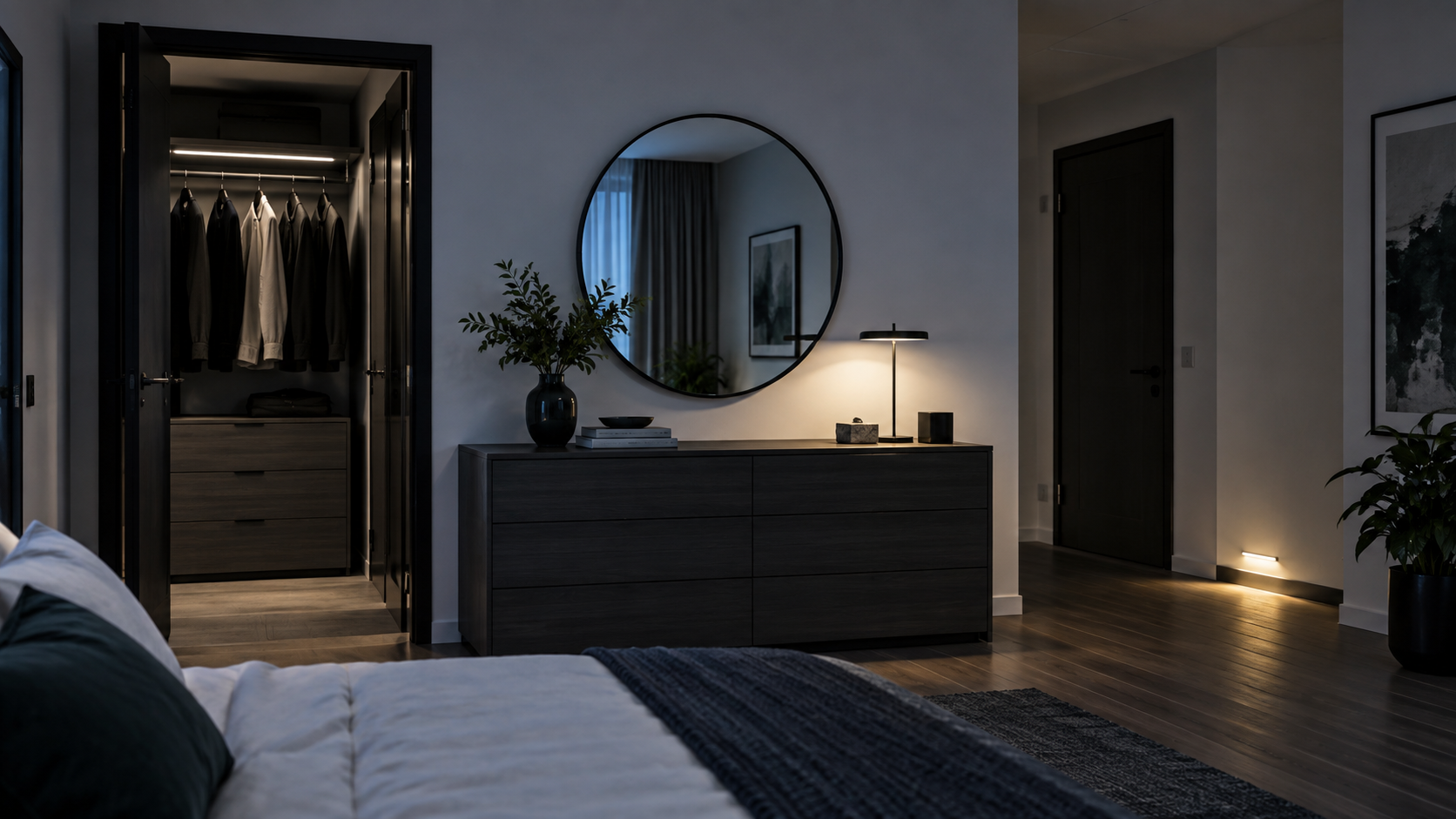 Bedroom Lighting - Ravnora Decor Bedroom showing wardrobe, dressing and low-level circulation lighting.