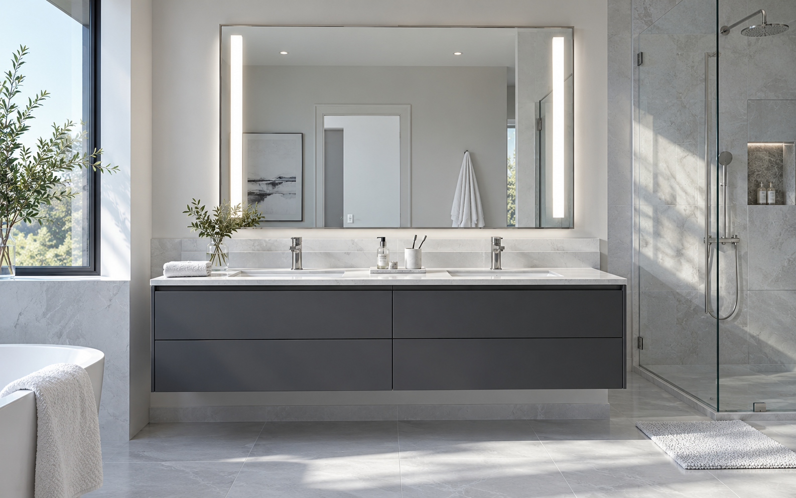 Bright modern bathroom using mirror lighting for the morning routine