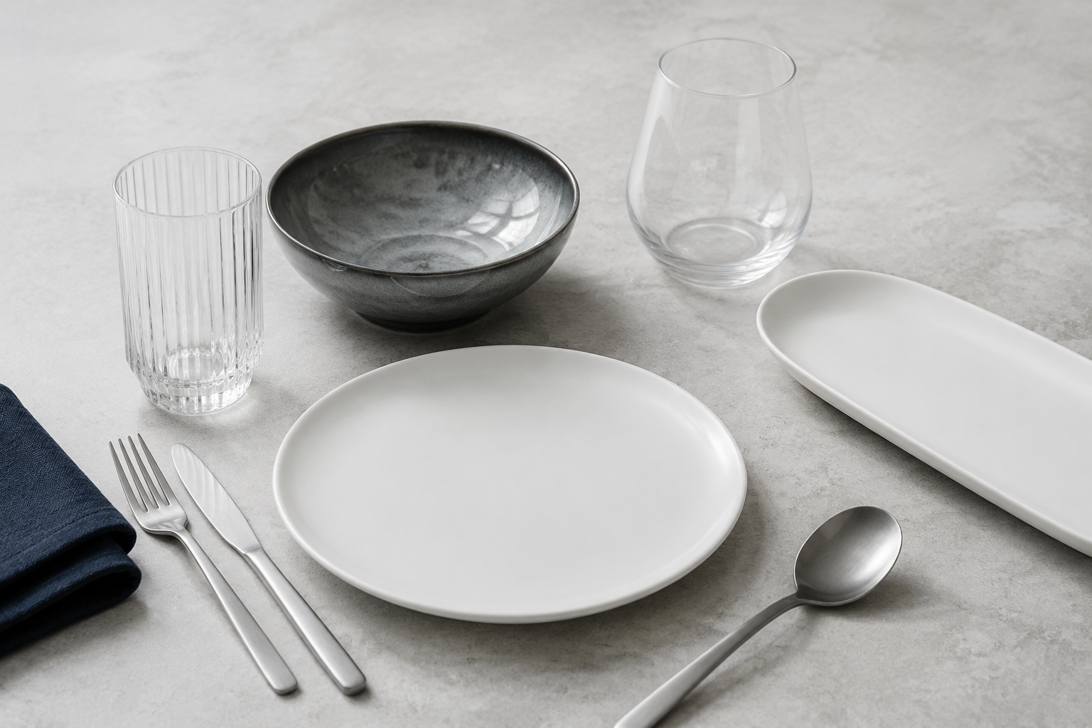 Kitchen Dinnerware & Serveware - Ravnora Decor Material study combining smooth porcelain, reactive stoneware, ribbed glass and stainless flatware in a restrained table palette.