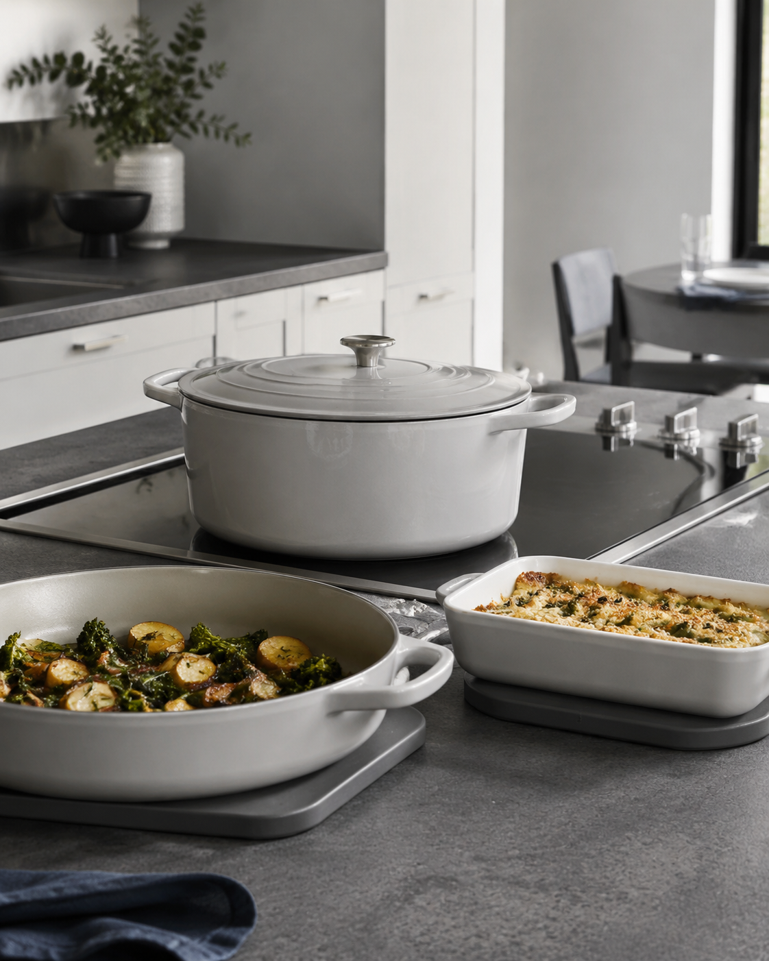 Kitchen Cookware & Bakeware Essentials - Ravnora Decor Contemporary kitchen with a Dutch oven, braiser and baking dish forming an oven-to-table cooking route.