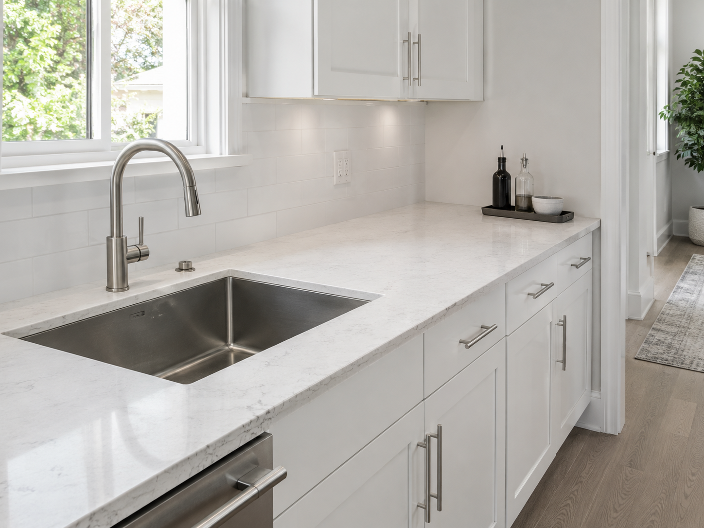 Kitchen Counter Decor - Ravnora Decor Kitchen work surface with the sink area kept clear, a broad open working zone and a compact styling group at the far outer edge.