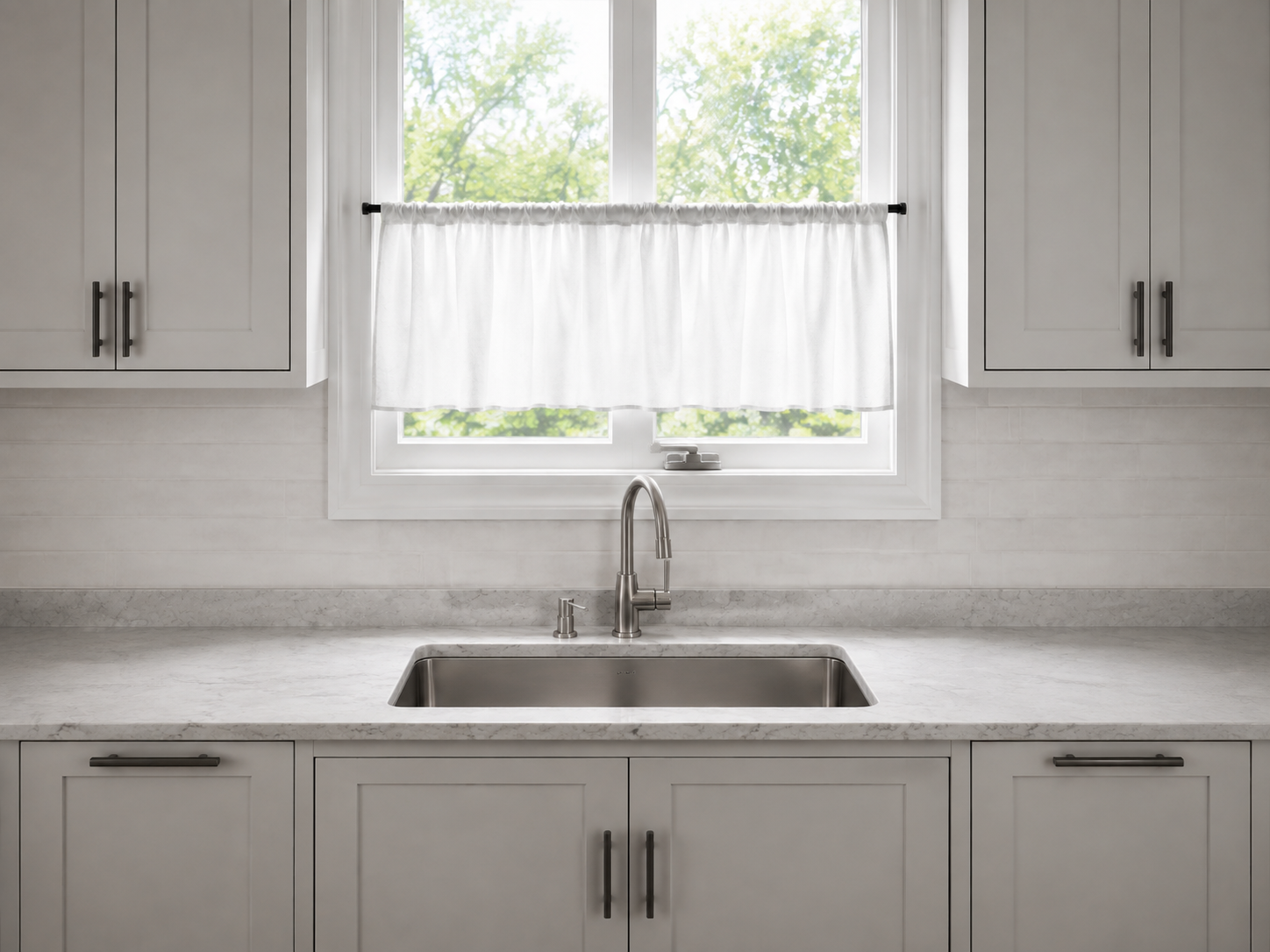 Kitchen Curtains & Window Styling - Ravnora Decor Kitchen sink window with short treatment kept clear of the faucet, window controls and working counter.