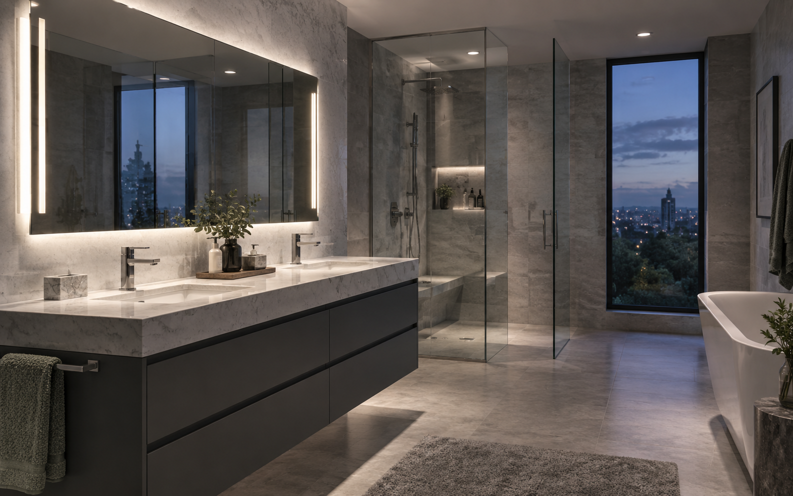 Bathroom with balanced vanity and ambient lighting in the evening