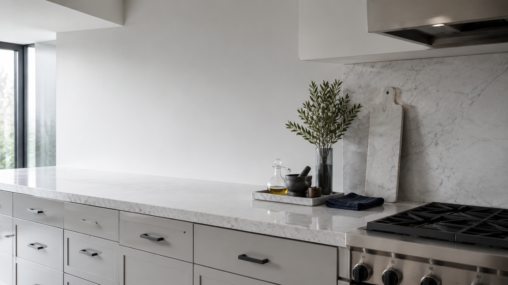 Kitchen Counter Decor - Ravnora Decor Finished contemporary kitchen counter with one styled accessory cluster, a slim vertical layer and a generous clear working span.