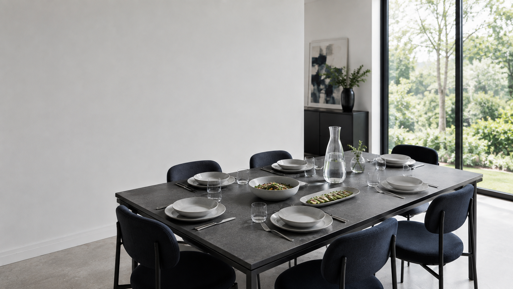 Kitchen Dinnerware & Serveware - Ravnora Decor Finished modern six-person dining table with complete place settings and a restrained serving center for everyday meals and hosting.