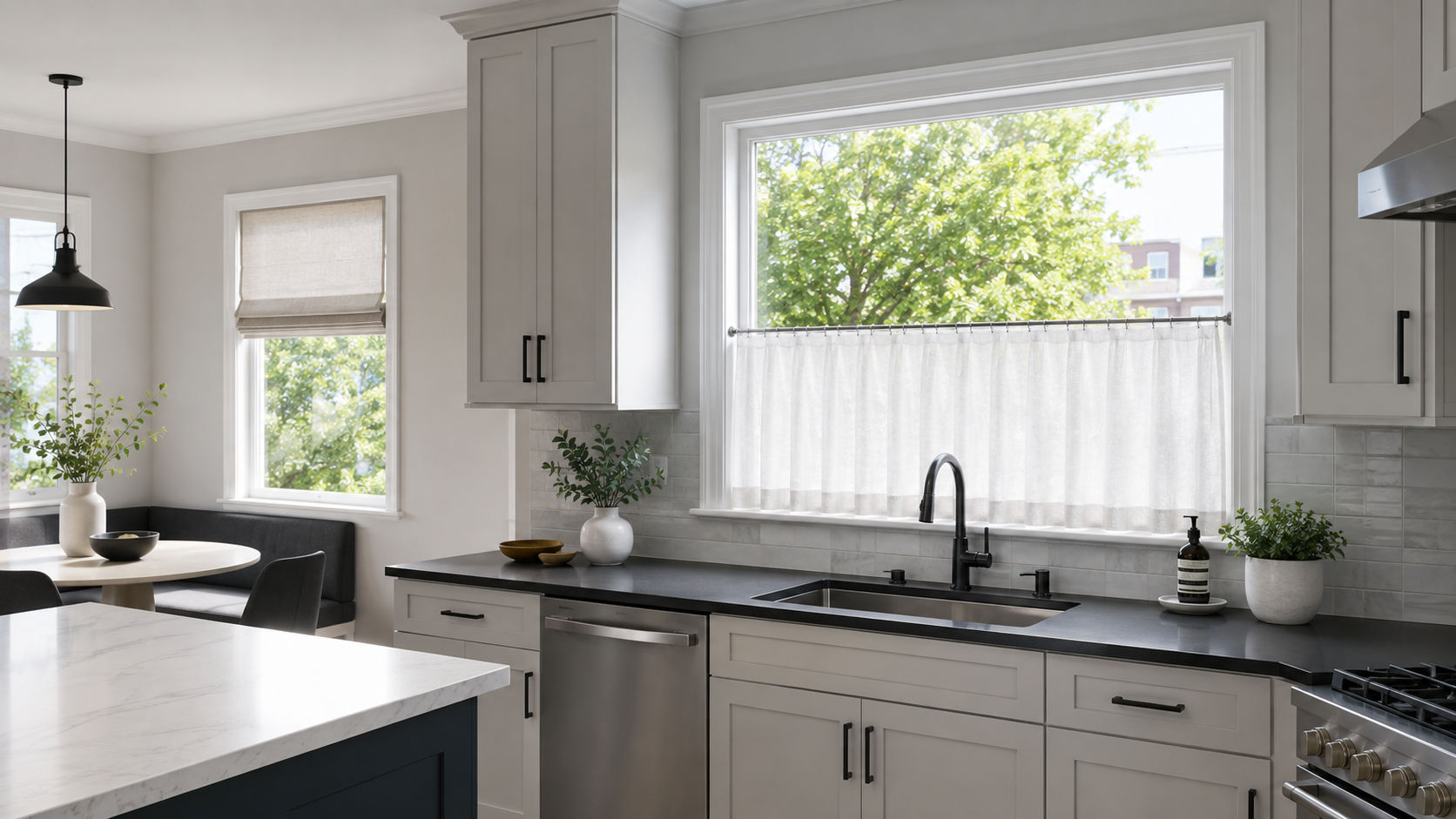 Kitchen Curtains & Window Styling - Ravnora Decor Finished contemporary kitchen using lower-half café curtains at the sink window to preserve privacy and open daylight.