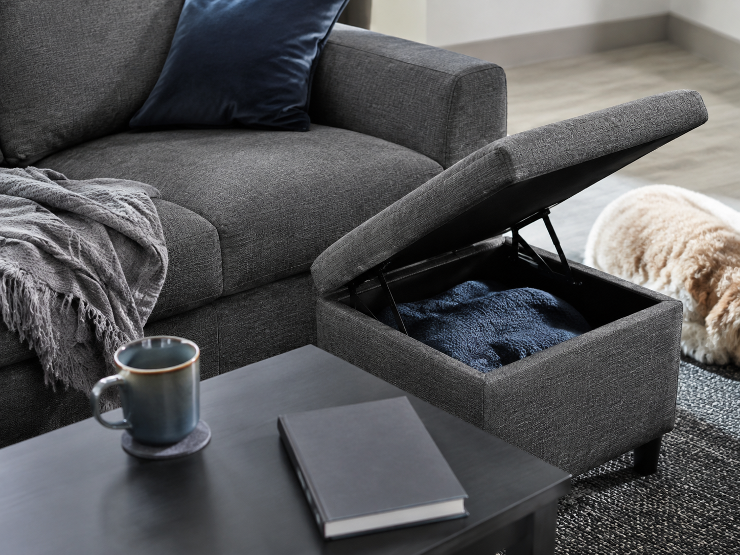 Living Room Furniture - Ravnora Decor Close living-room scene showing upholstery, everyday drinks, textiles, and storage furniture during normal household use