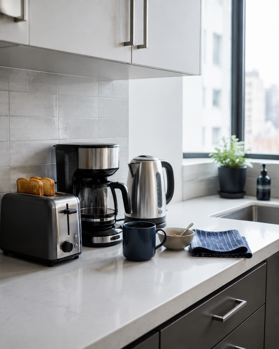 Small-kitchen breakfast zone with toaster, coffee maker and kettle arranged beside clear work surface.