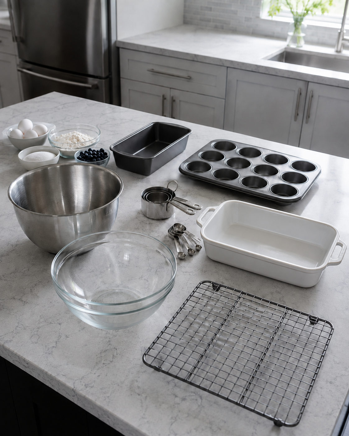 Kitchen Cookware & Bakeware Essentials - Ravnora Decor Contemporary baking workspace with stainless and glass mixing bowls, measuring tools, loaf and muffin pans, a rectangular baking dish and cooling rack.