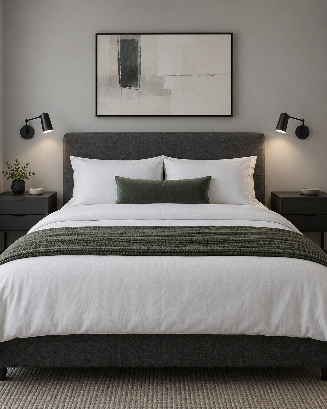 Bedroom Lighting - Ravnora Decor Bedroom using wall-mounted bedside lights to keep nightstands clear.