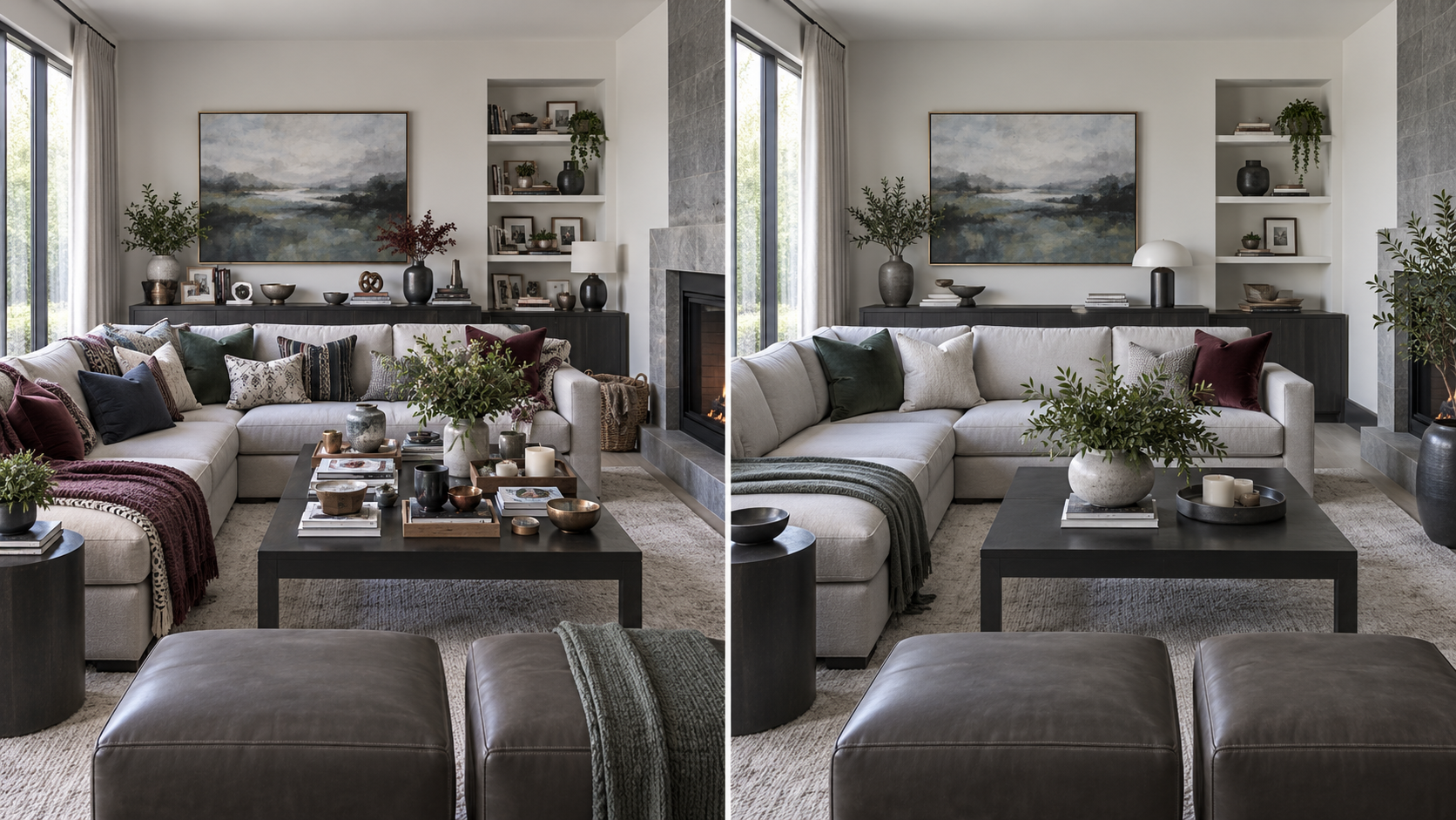 Living Room Decorative Accessories - Ravnora Decor Same living room shown over-accessorized and then edited to fewer, larger purposeful pieces.