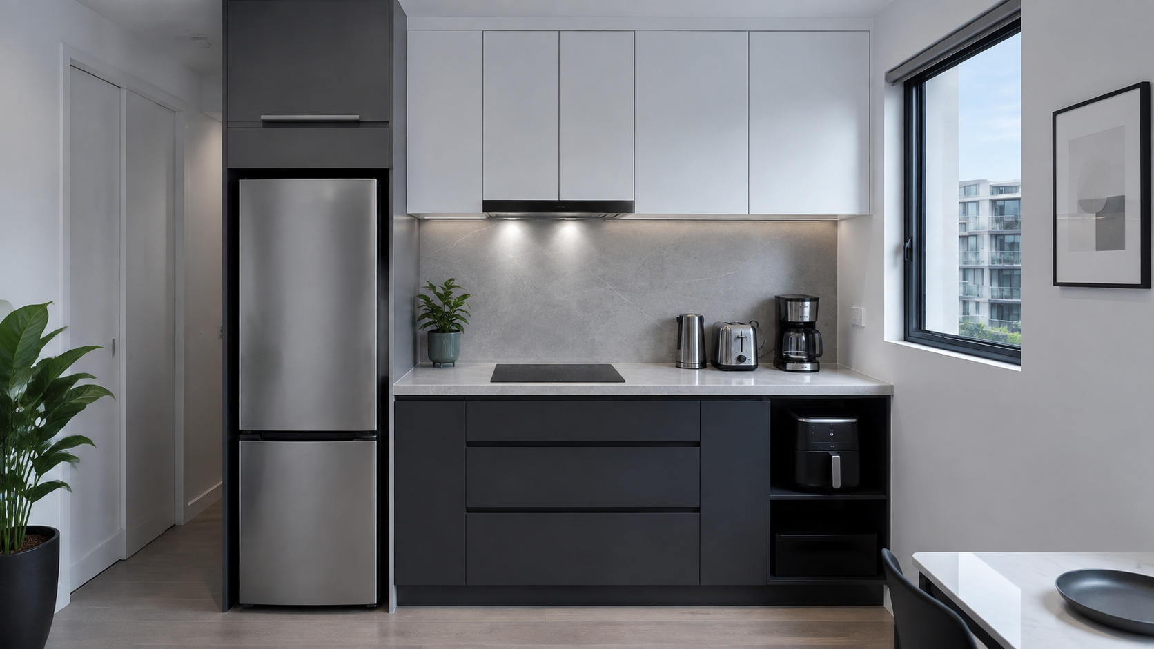Organized small kitchen with a limited daily appliance lane and a large clear preparation surface.