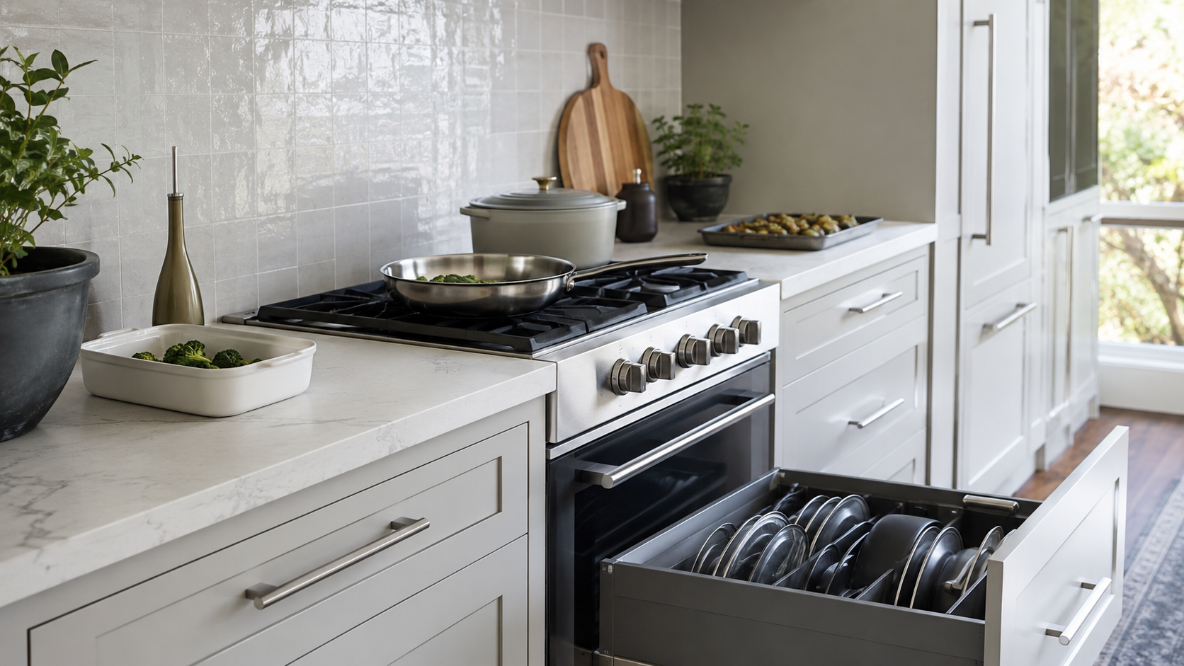 Kitchen Cookware & Bakeware Essentials - Ravnora Decor Calm contemporary kitchen with a focused cookware system, clear working counter and organized lower cookware storage.