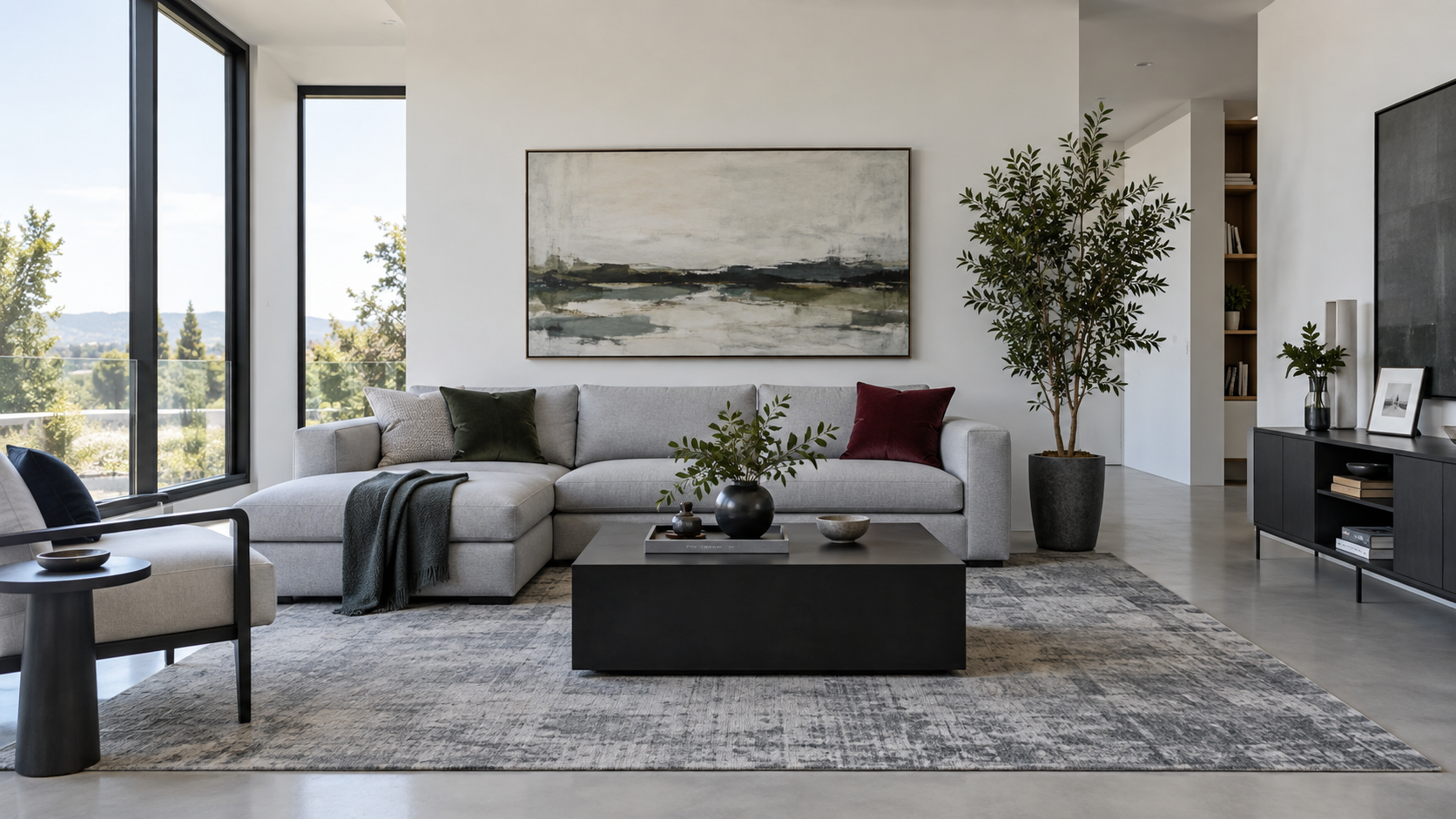 Living Room Decorative Accessories - Ravnora Decor Finished contemporary living room using restrained accessories across sofa, table, console, shelving and floor corner.