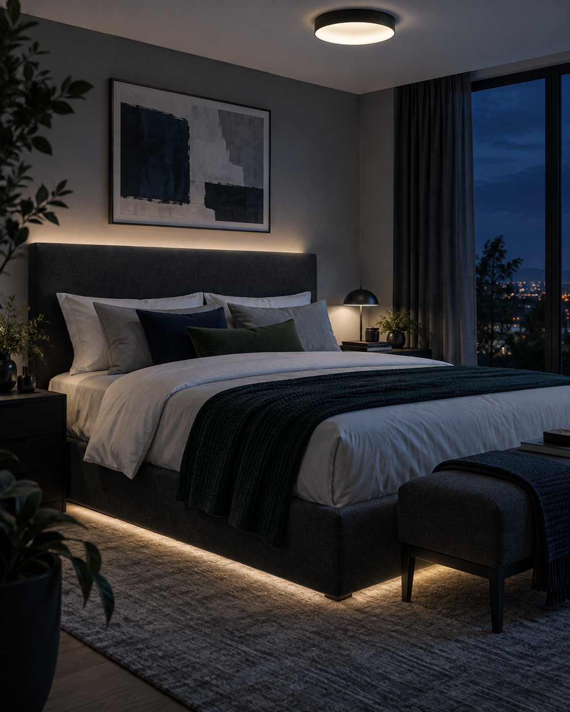 Bedroom Lighting - Ravnora Decor Bedroom coordinating smart ceiling, bedside, ambient and low-level lighting.