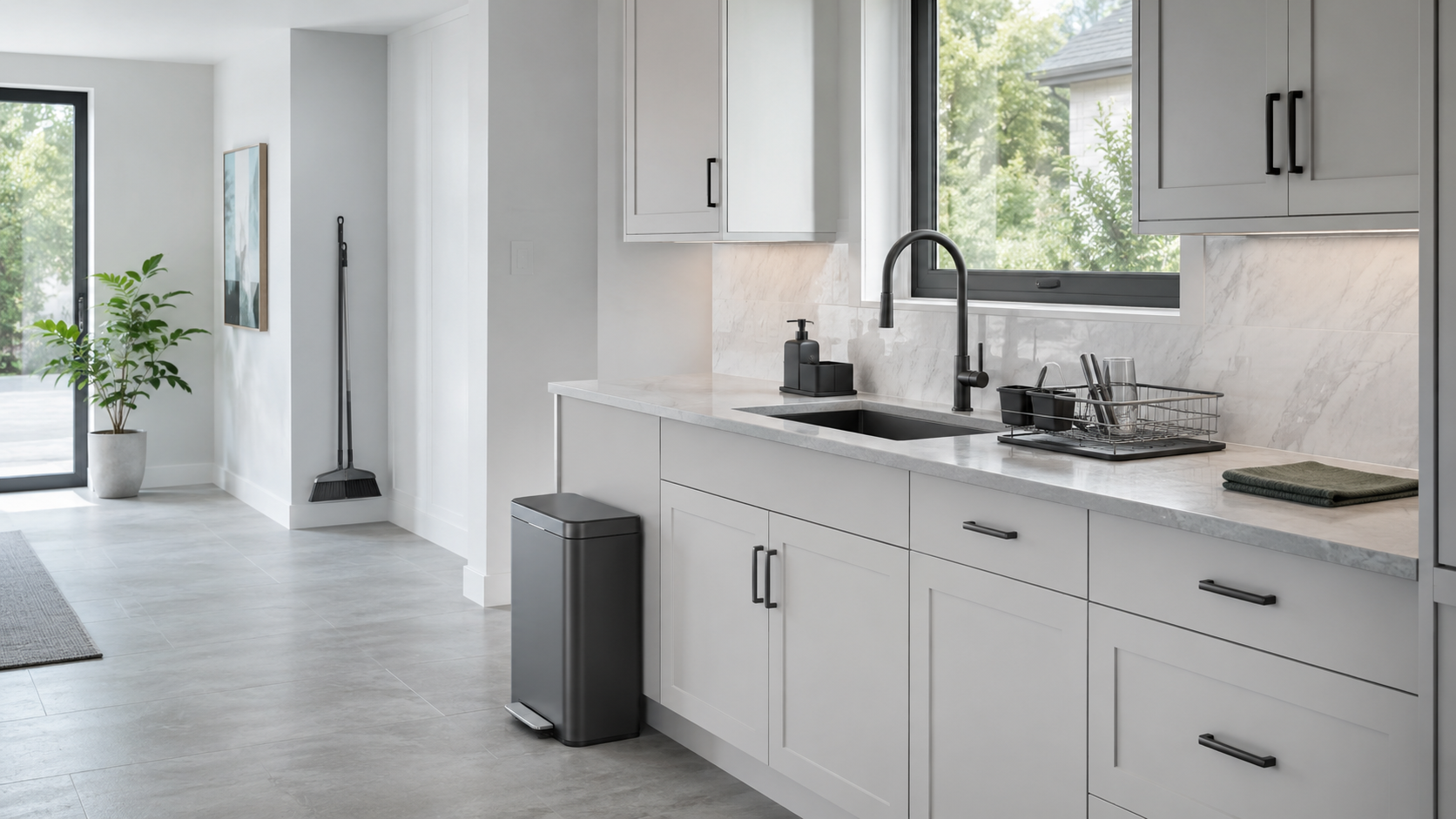 Kitchen Cleaning & Trash Solutions - Ravnora Decor Contemporary kitchen with a controlled sink-drying zone, space-efficient trash can and vertically parked cleaning tools after the room has been reset.