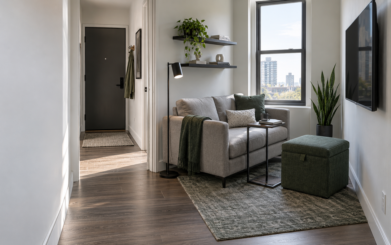 Compact small living room with slim seating, movable furniture, vertical storage and a clear walking route.