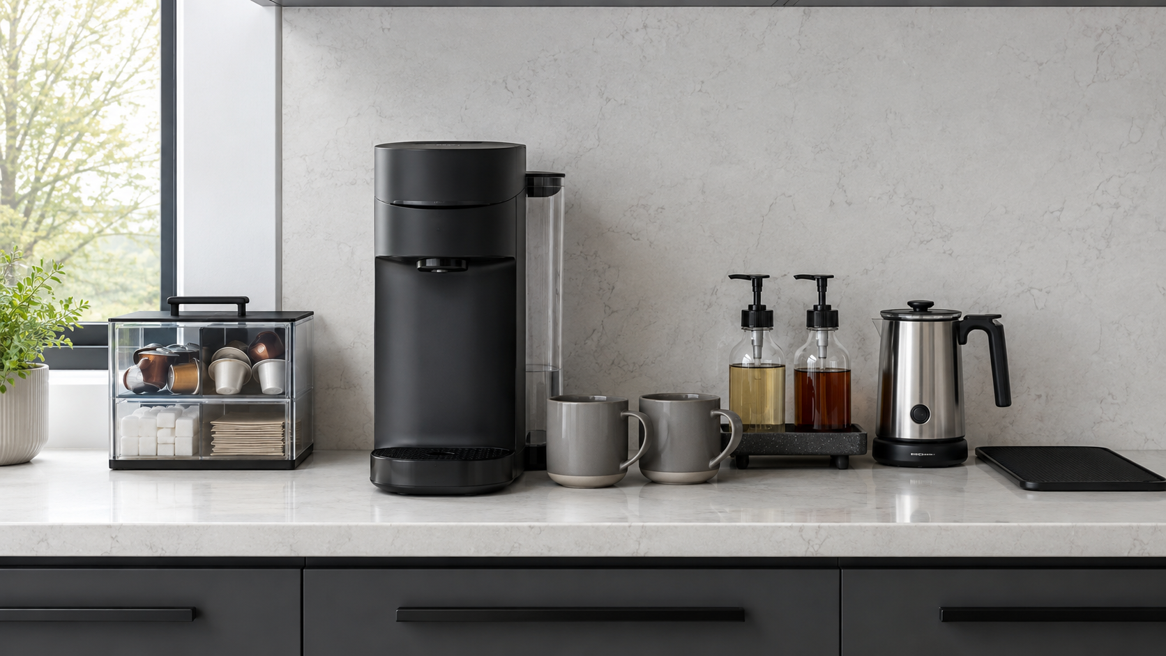 Beverage counter arranged into sequential supply, brewing, mug, finishing and cleanup zones.