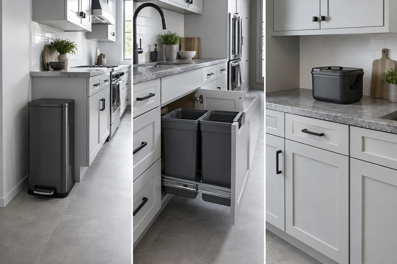 Kitchen Cleaning & Trash Solutions - Ravnora Decor Comparison of a freestanding step trash can, two-bin cabinet pull-out and compact food-scrap caddy in contemporary kitchens.