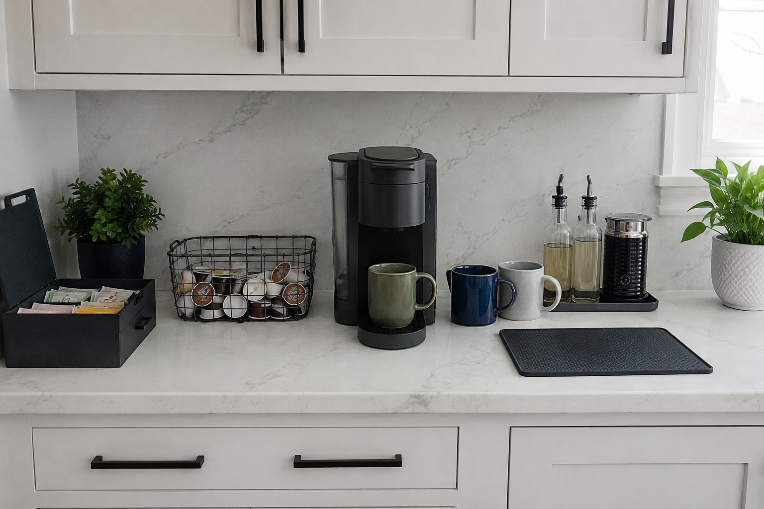Everyday family coffee station with brewer, mugs, pods, finishing ingredients and cleanup area arranged by use.