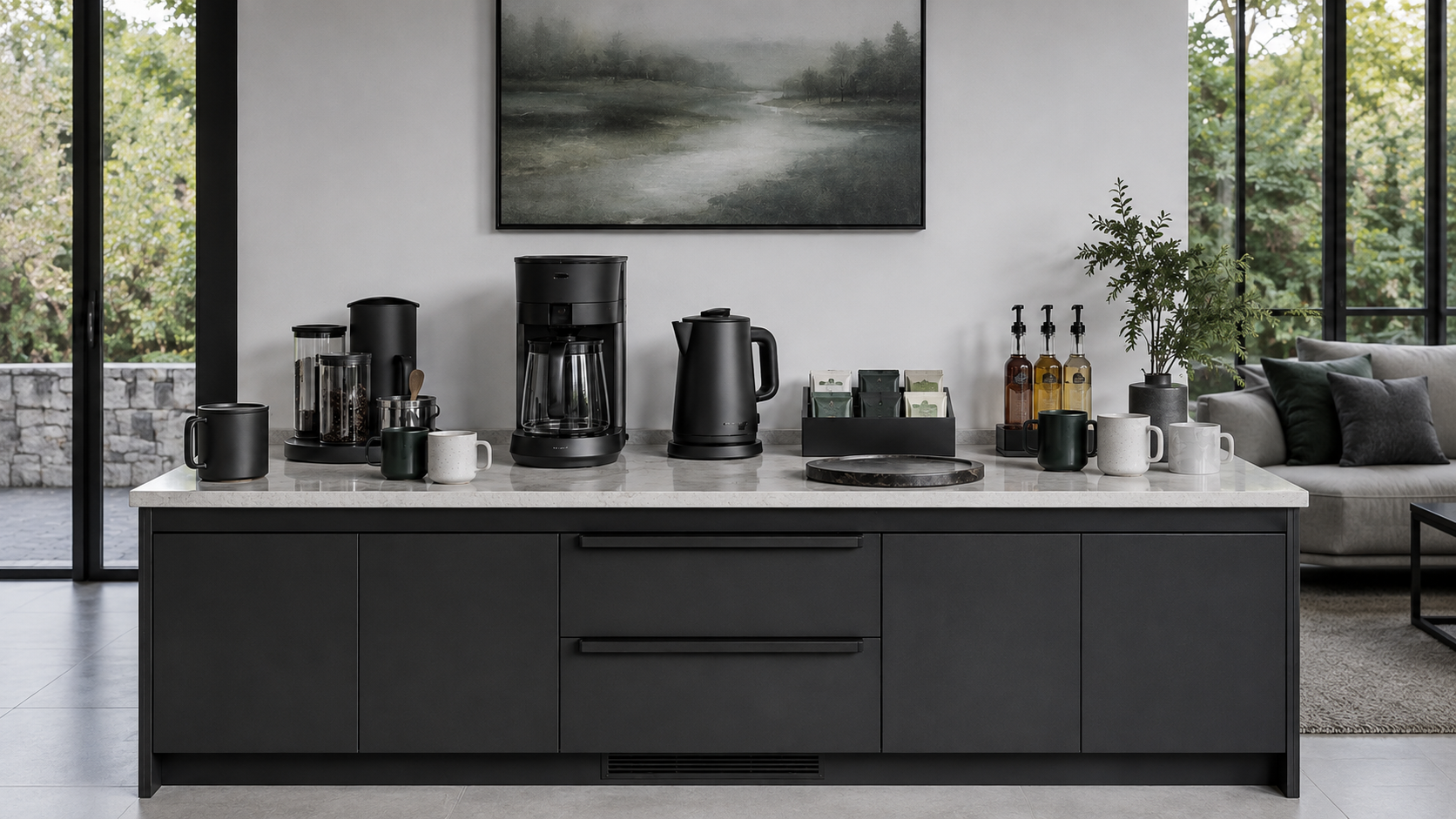 Host-ready beverage bar with coffee, tea, mugs and finishing ingredients organized for shared access.