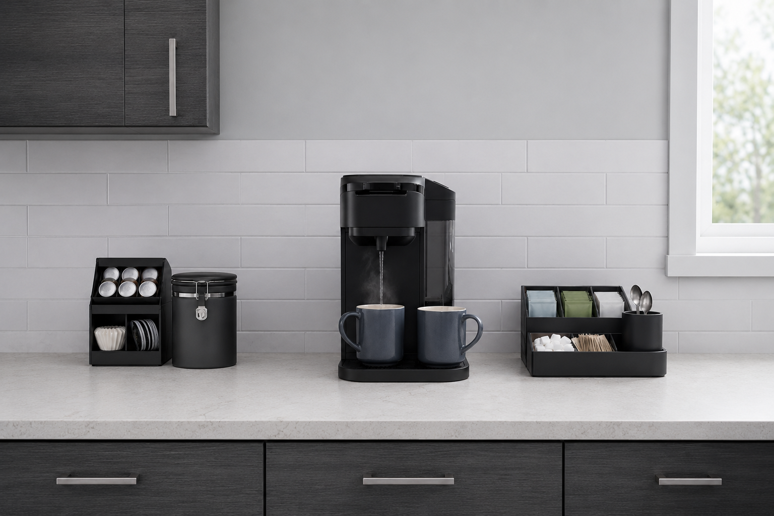 Shared coffee and tea station with separate supply zones around one central brewing area.