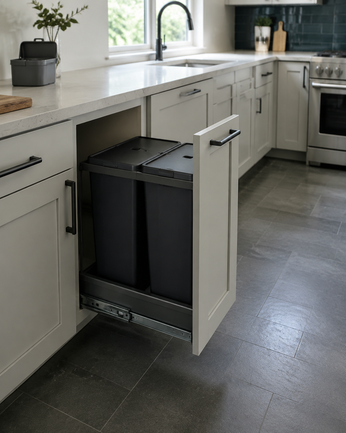 Kitchen Cleaning & Trash Solutions - Ravnora Decor Two-bin pull-out waste cabinet beside a clear kitchen work zone with unobstructed floor space.
