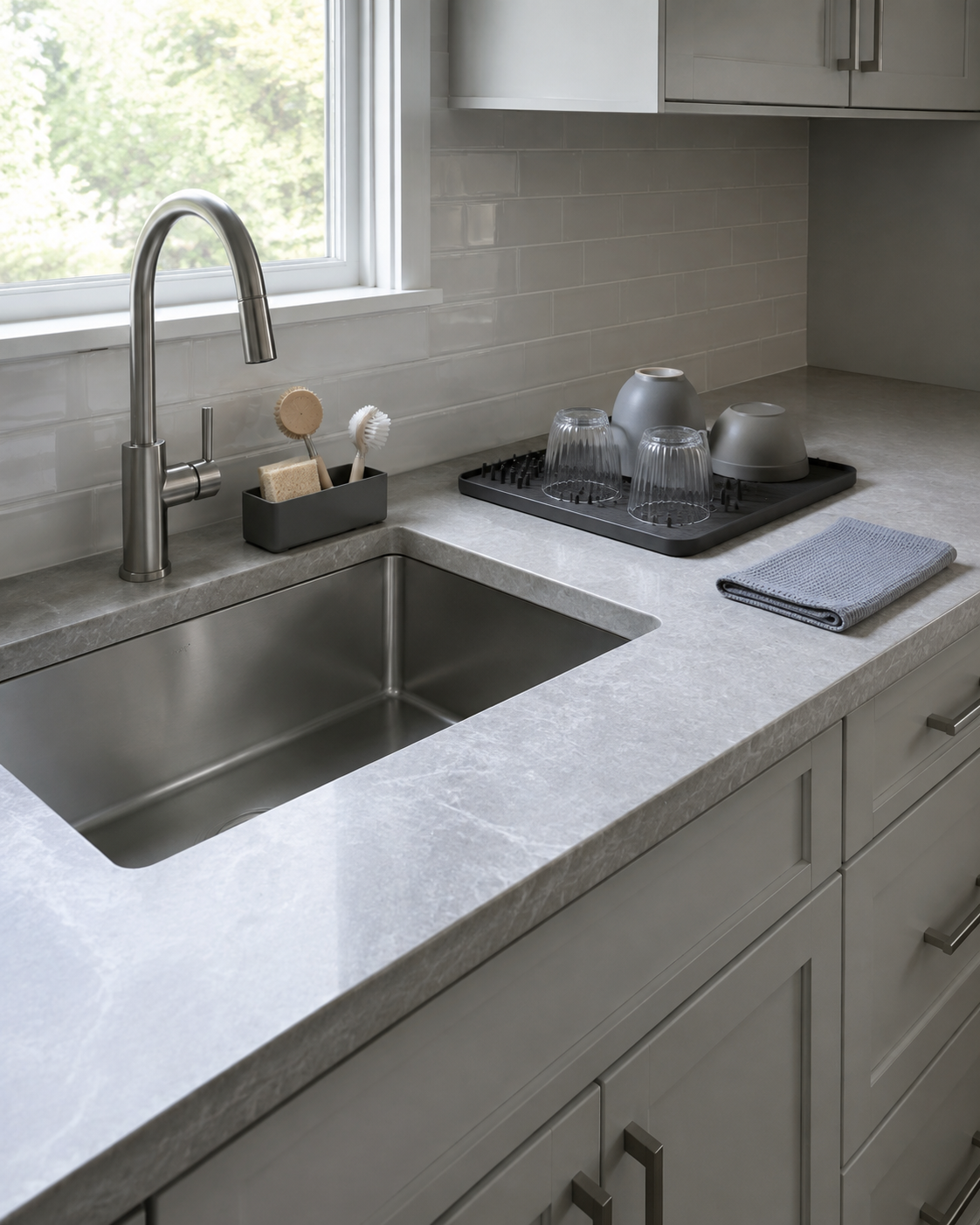 Kitchen Cleaning & Trash Solutions - Ravnora Decor Reset kitchen sink with a compact washing caddy, controlled drying rack and clear dry counter beside it.