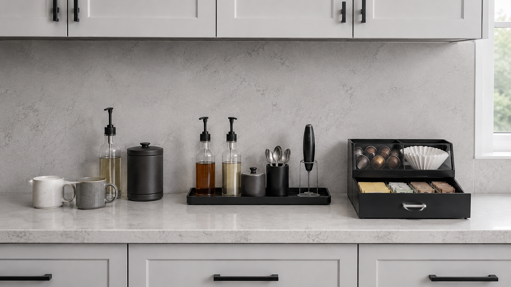 Coffee-bar comparison showing attractive pieces displayed, finishing ingredients grouped on a tray, and pods, filters and packets contained in organized storage.