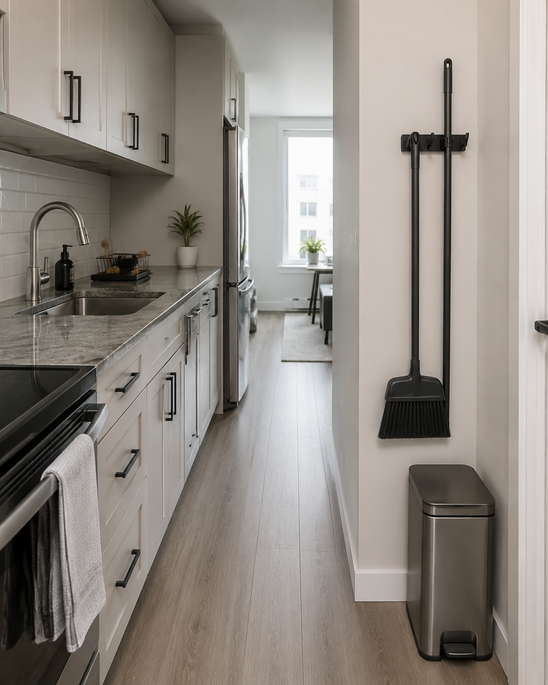 Kitchen Cleaning & Trash Solutions - Ravnora Decor Small galley kitchen with a space-efficient trash can, vertically parked broom and dustpan, and a clear walking path.