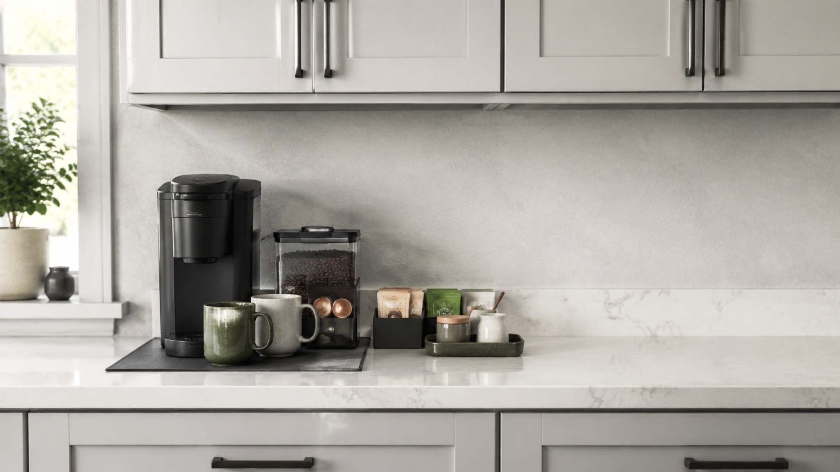 Finished beverage station with coffee supplies, brewer, mugs and cleanup tools placed within one short reach.