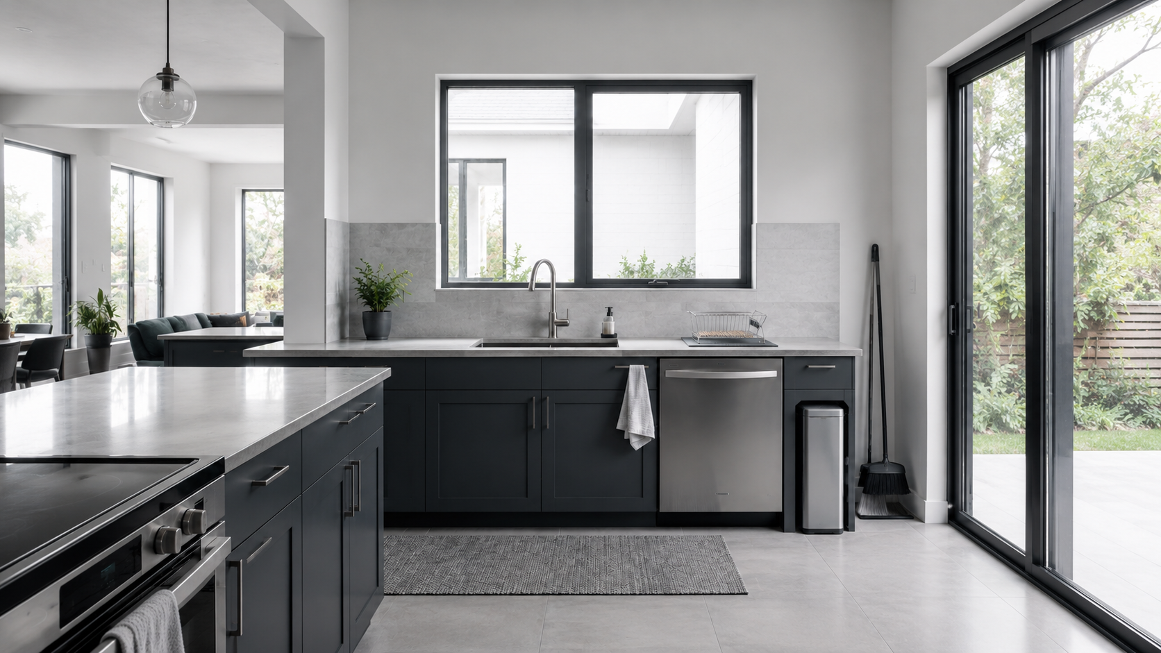 Kitchen Cleaning & Trash Solutions - Ravnora Decor Fully reset contemporary kitchen with clear counters, controlled sink drying, discreet waste placement and parked cleaning tools.