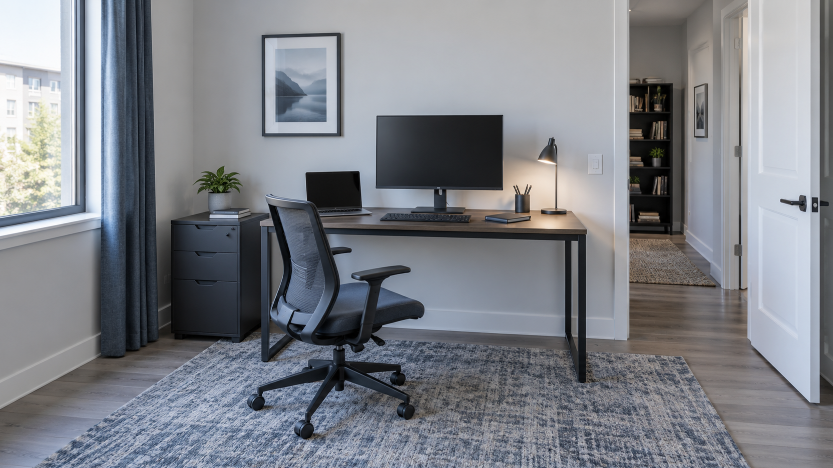 Contemporary home office showing a correctly sized desk, chair pull-back space and a clear walking route through the room.