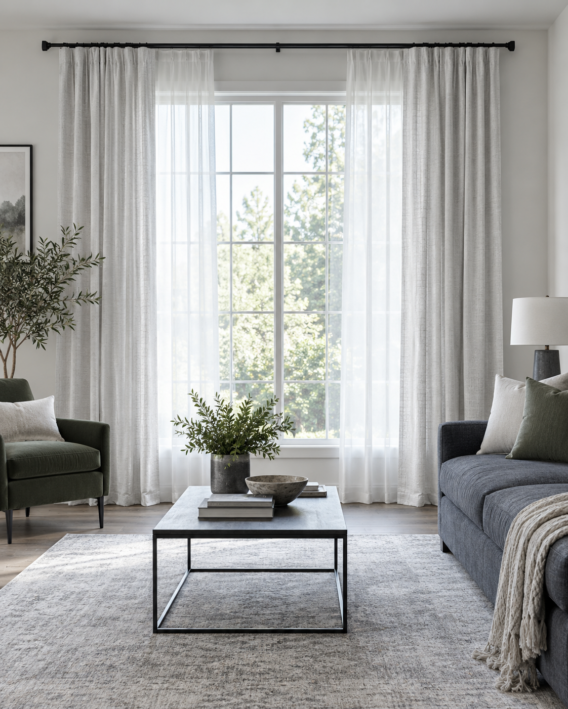 Living Room Curtains - Ravnora Decor Bright contemporary living room with white sheers and pale linen curtains mounted high and wide